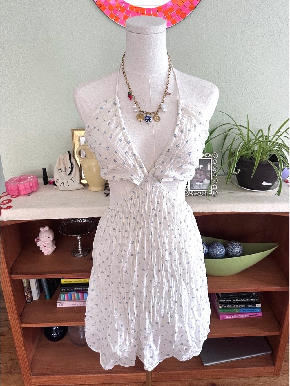 American Eagle Cotton Halter Dress w/ Blue Floral Print & Open Circle Back (XL)